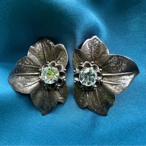 Vintage Floral Leaf Clip-On Earrings with Sparkling Rivoli Stones - Silver Tone